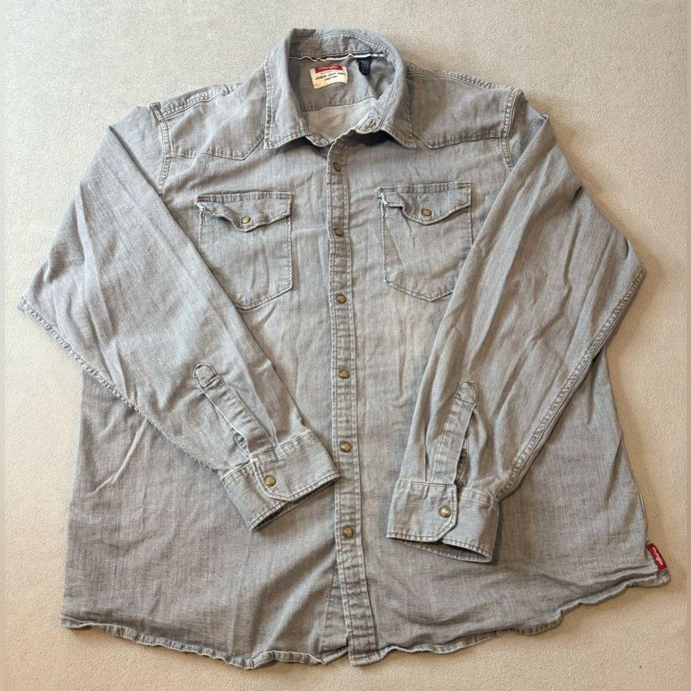Wrangler Denim Western Snap Button Down Shirt Gray Men's Size 2XL